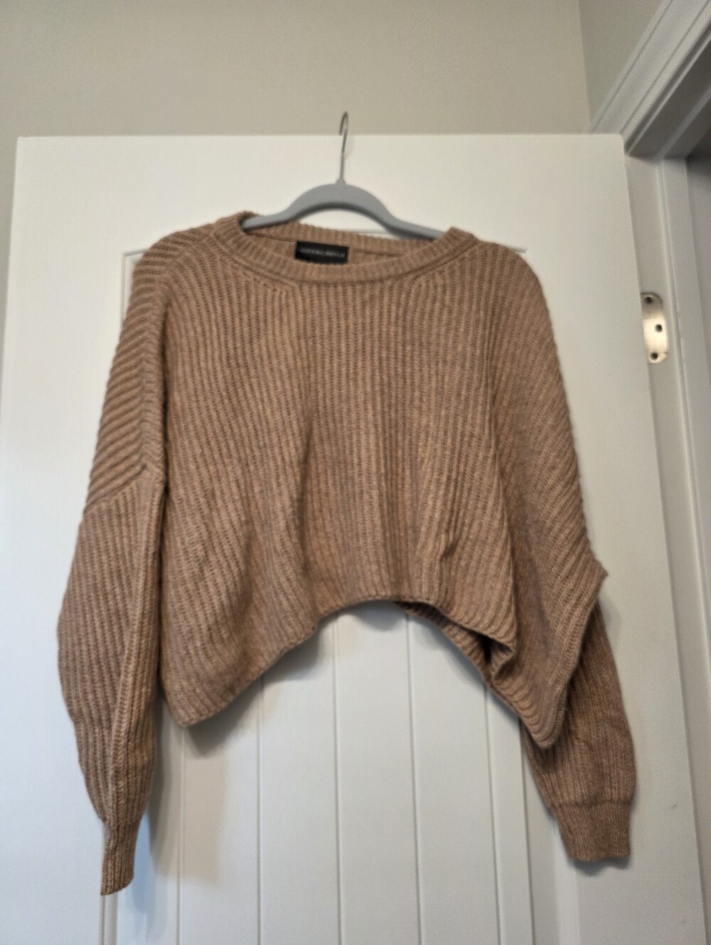 Cotton Candy Ribbed Cropped Sweater in Camel Tan